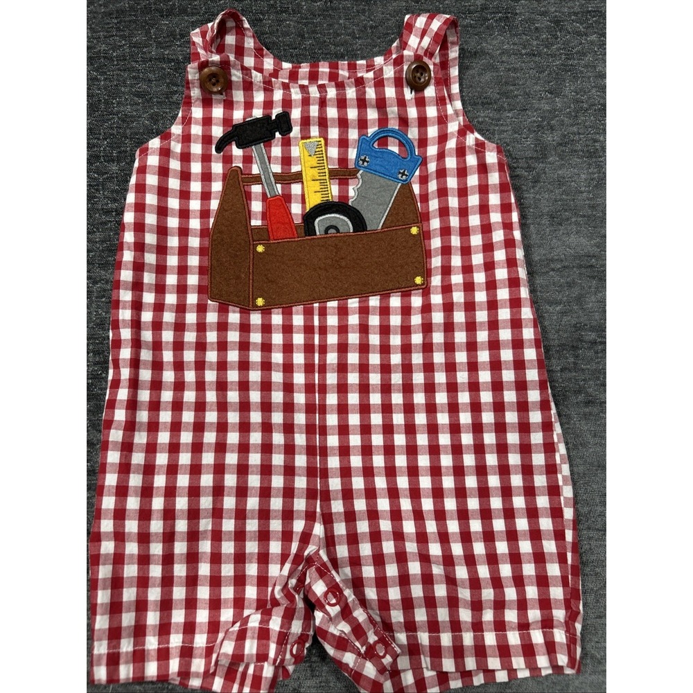 Toffee Apple 9M Red‎ Gingham Toolbox Jon Jon Romper Baby Boy